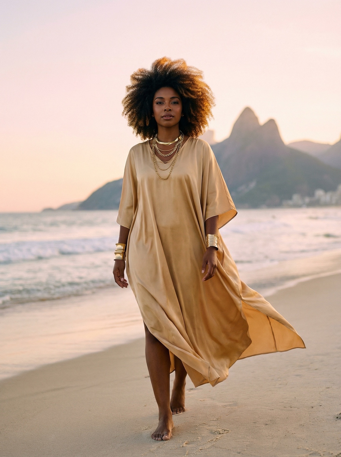 Ayla em praia no Rio com estética dourada