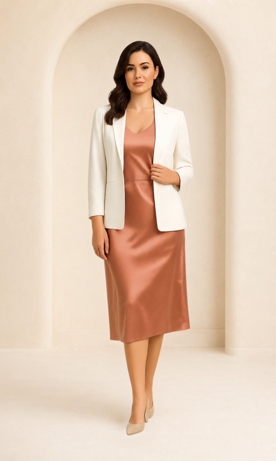 Helena em rose gold com blazer off-white na estética do Estúdio Boutique